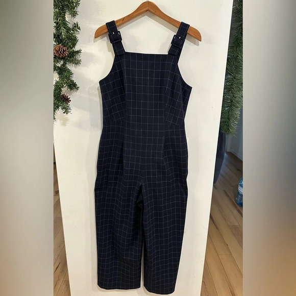 Club Monaco Self Buckle Women’s Check Crop Jumpsuit Navy Size 10 Retail $289 - Picture 3 of 9